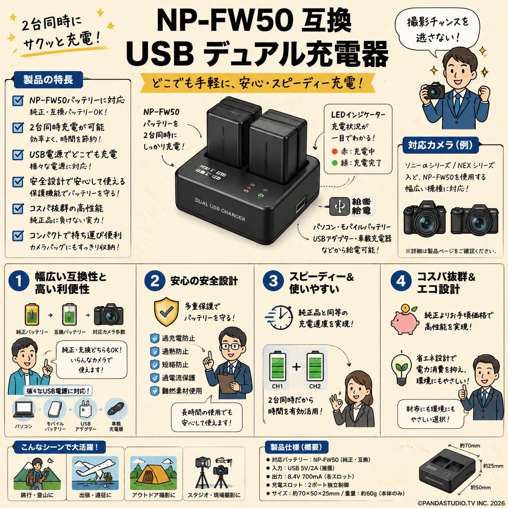 NP-FW50 互換 USB デュアル充電器 概要