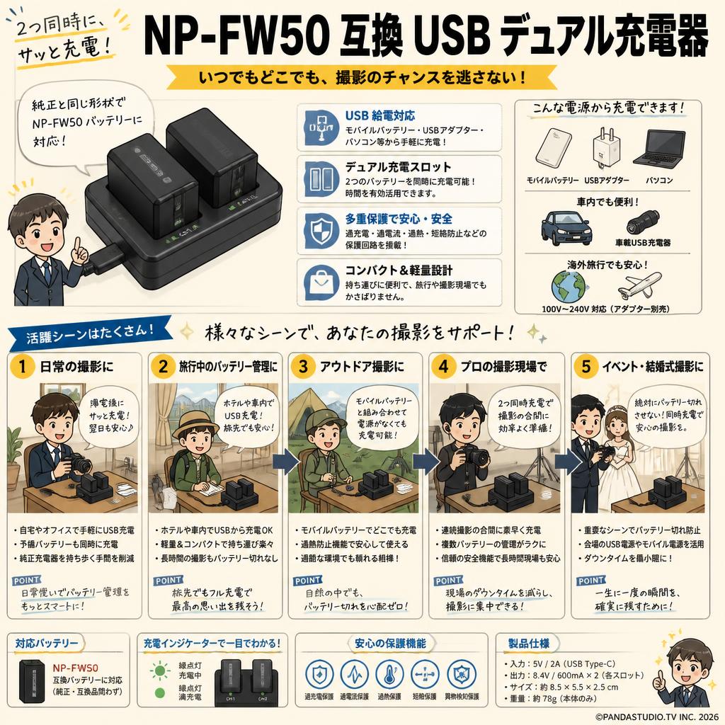 NP-FW50 互換 USB デュアル充電器 用途