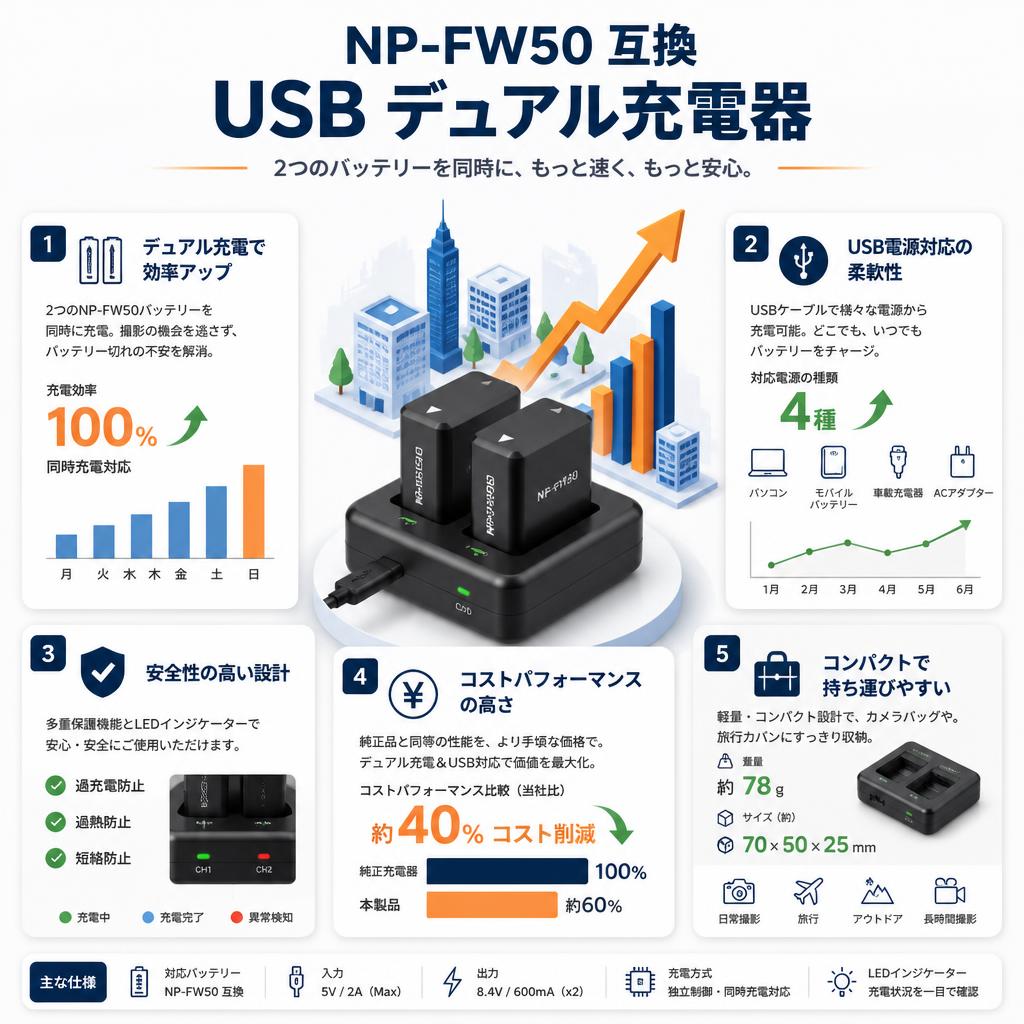 NP-FW50 互換 USB デュアル充電器 セールスポイント