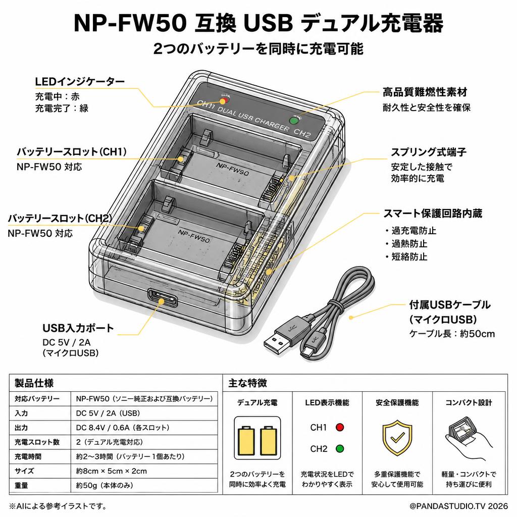 NP-FW50 互換 USB デュアル充電器 スペック