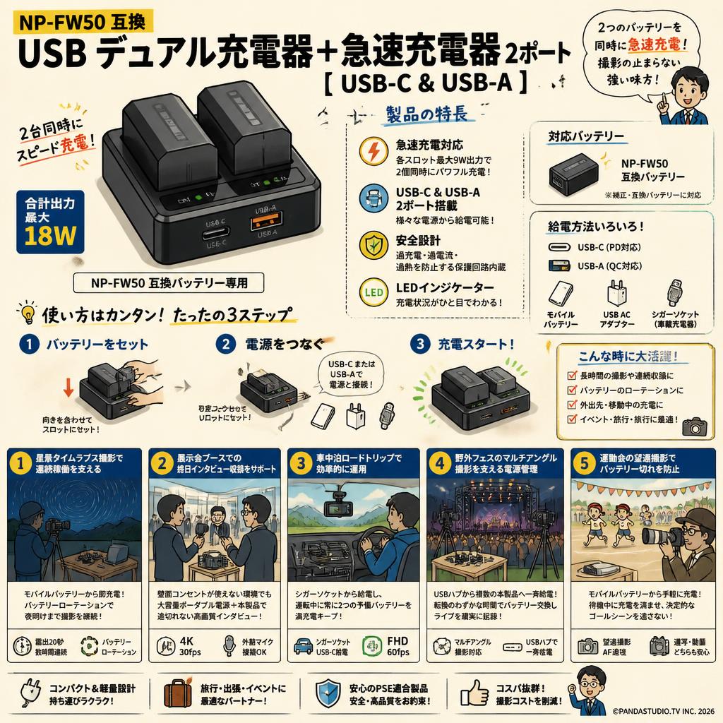 NP-FW50 互換 USB デュアル充電器+急速充電器 2ポート[ USB-C & USB-A] 用途