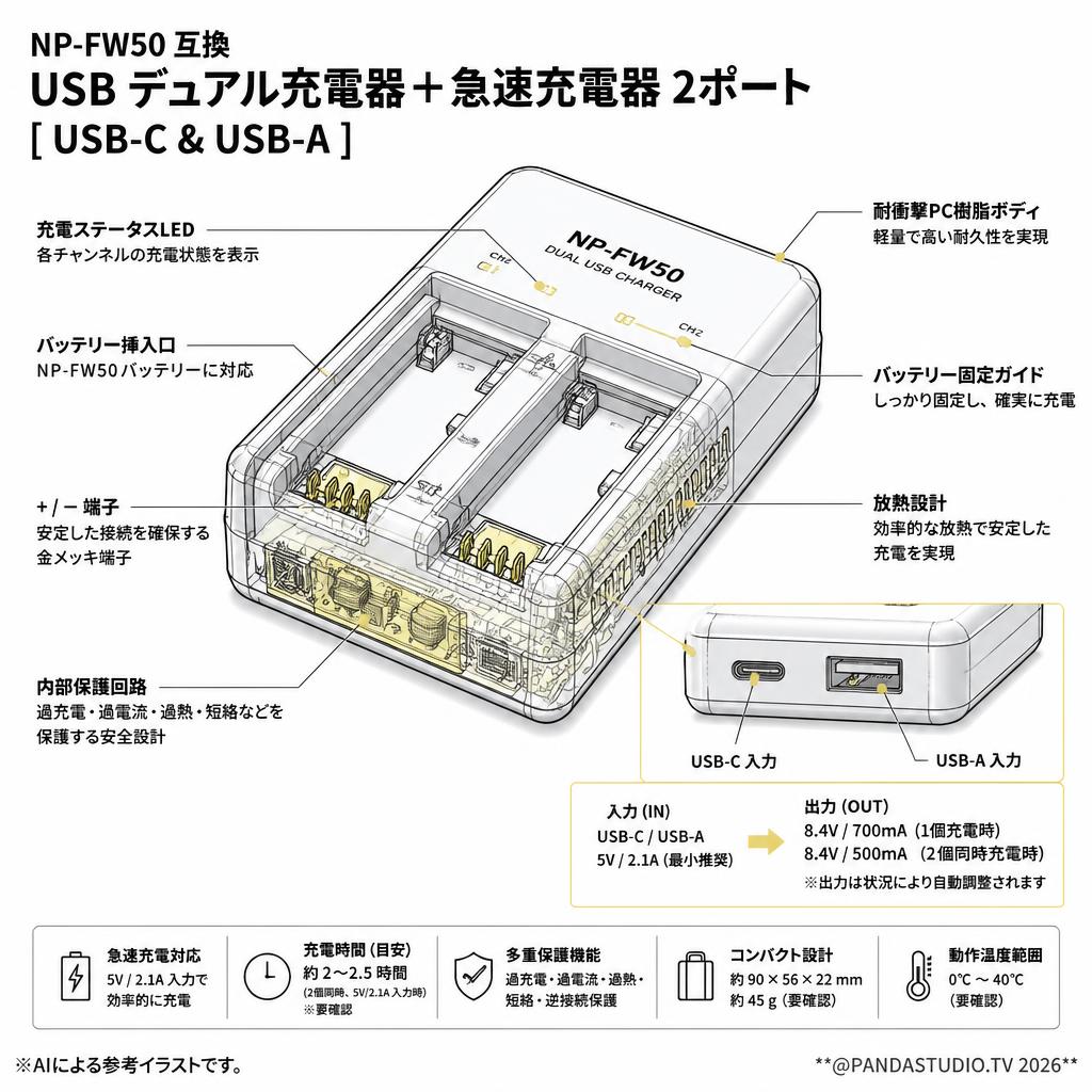 NP-FW50 互換 USB デュアル充電器+急速充電器 2ポート[ USB-C & USB-A] スペック