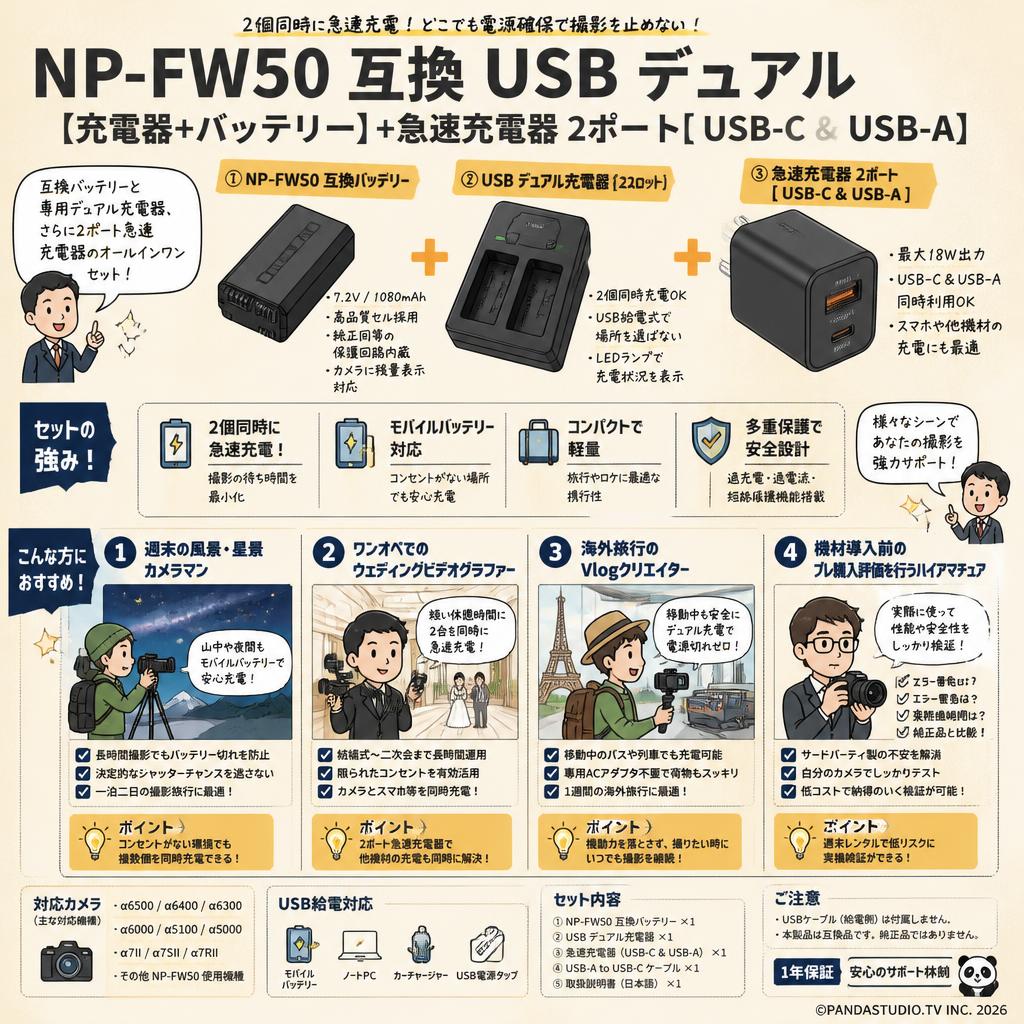 NP-FW50 互換 USB デュアル【充電器+バッテリー】+急速充電器 2ポート[ USB-C & USB-A] おもな対象のお客様