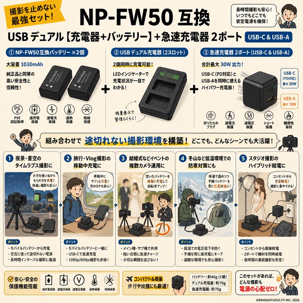 NP-FW50 互換 USB デュアル【充電器+バッテリー】+急速充電器 2ポート[ USB-C & USB-A] 用途