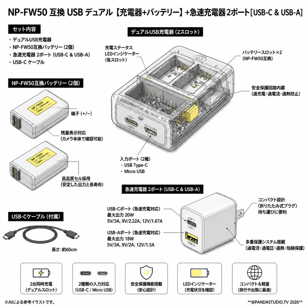 NP-FW50 互換 USB デュアル【充電器+バッテリー】+急速充電器 2ポート[ USB-C & USB-A] スペック