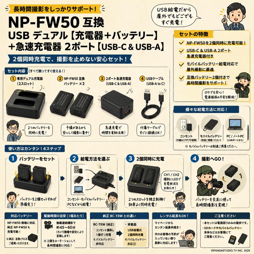 NP-FW50 互換 USB デュアル【充電器+バッテリー】+急速充電器 2ポート[ USB-C & USB-A] FAQ（よくある質問と答え）