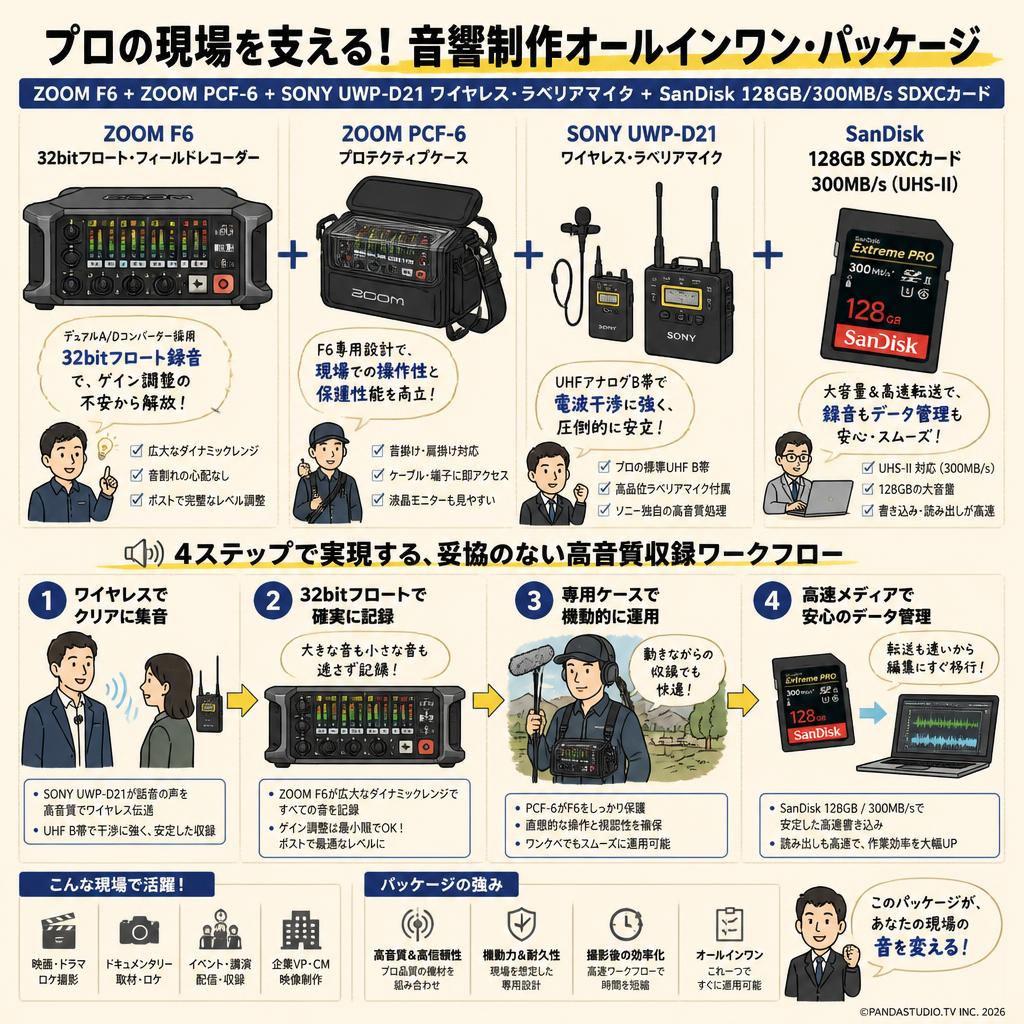 ZOOM F6  +  ZOOM PCF-6 +SONY UWP-D21 ワイヤレス・ラベリアマイク+SanDisk 128GB/300MB/s SDXCカード 概要