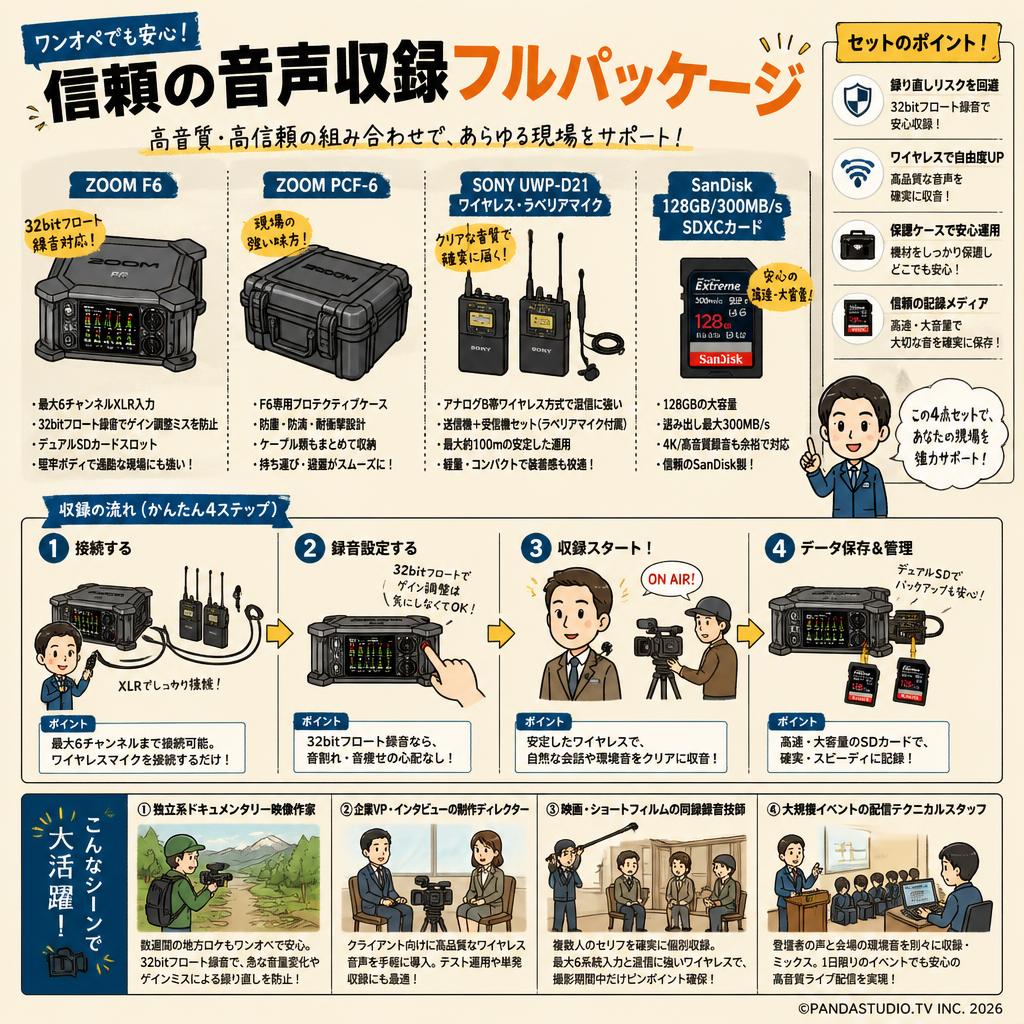 ZOOM F6  +  ZOOM PCF-6 +SONY UWP-D21 ワイヤレス・ラベリアマイク+SanDisk 128GB/300MB/s SDXCカード おもな対象のお客様