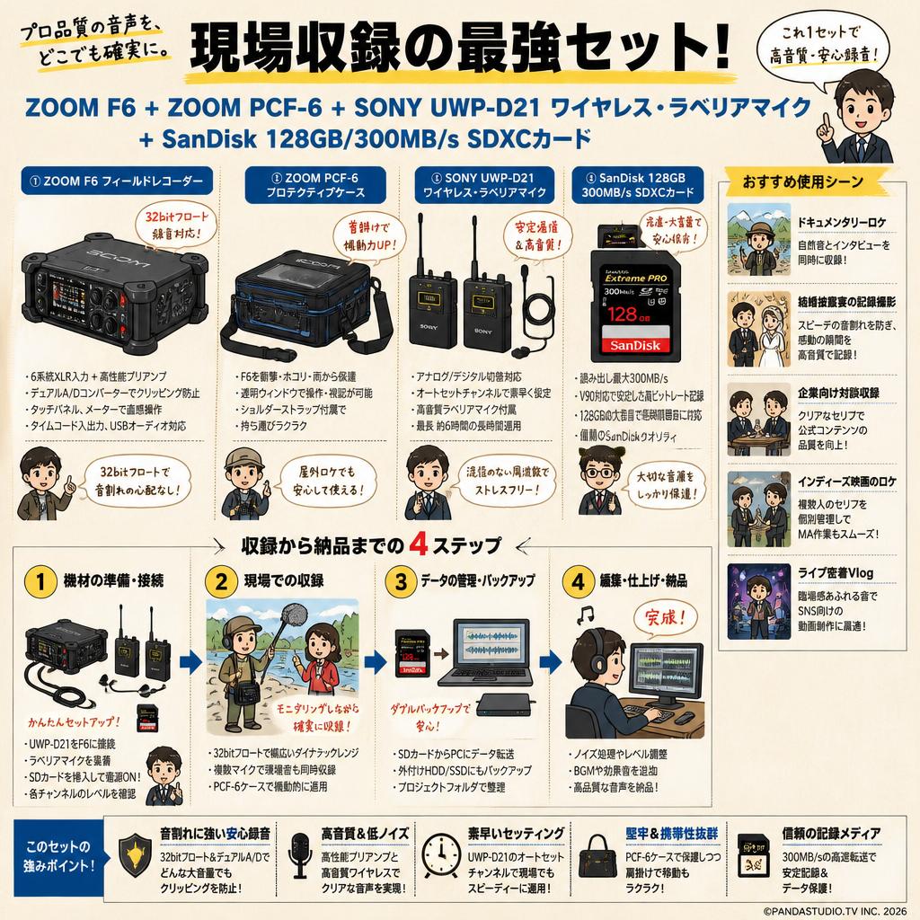 ZOOM F6  +  ZOOM PCF-6 +SONY UWP-D21 ワイヤレス・ラベリアマイク+SanDisk 128GB/300MB/s SDXCカード 用途