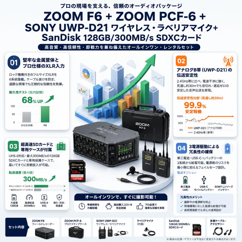 ZOOM F6  +  ZOOM PCF-6 +SONY UWP-D21 ワイヤレス・ラベリアマイク+SanDisk 128GB/300MB/s SDXCカード セールスポイント
