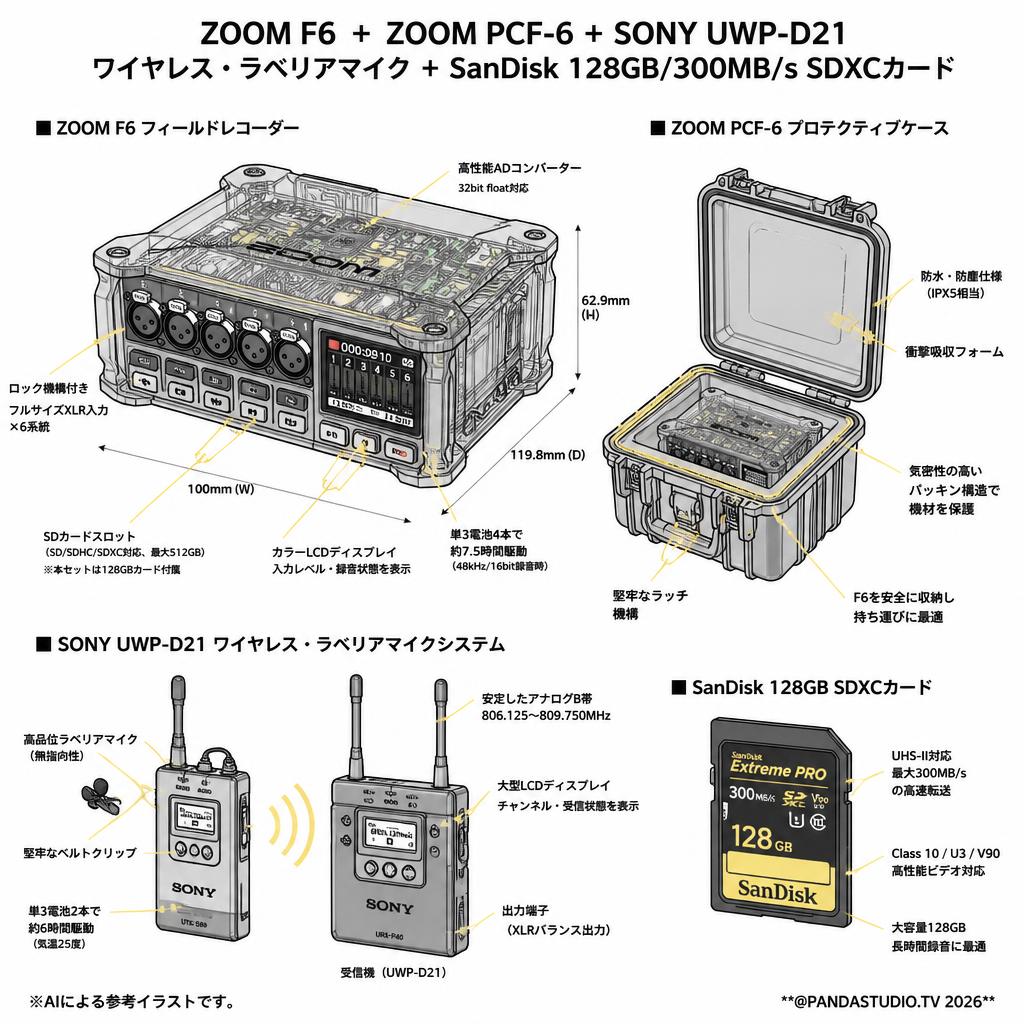 ZOOM F6  +  ZOOM PCF-6 +SONY UWP-D21 ワイヤレス・ラベリアマイク+SanDisk 128GB/300MB/s SDXCカード スペック