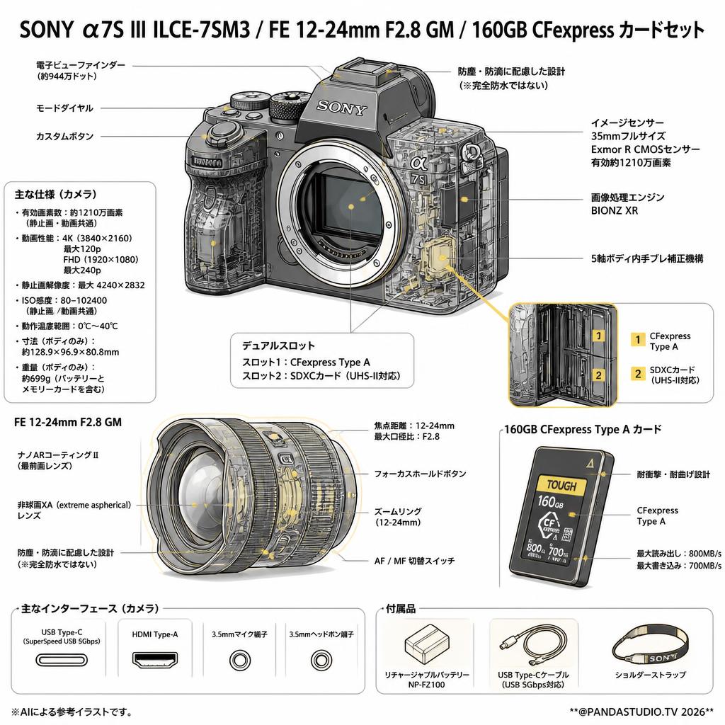 SONY α7S Ⅲ ILCE-7SM3 / FE 12-24mm F2.8 GM / 160GB CFexpress カードセット スペック