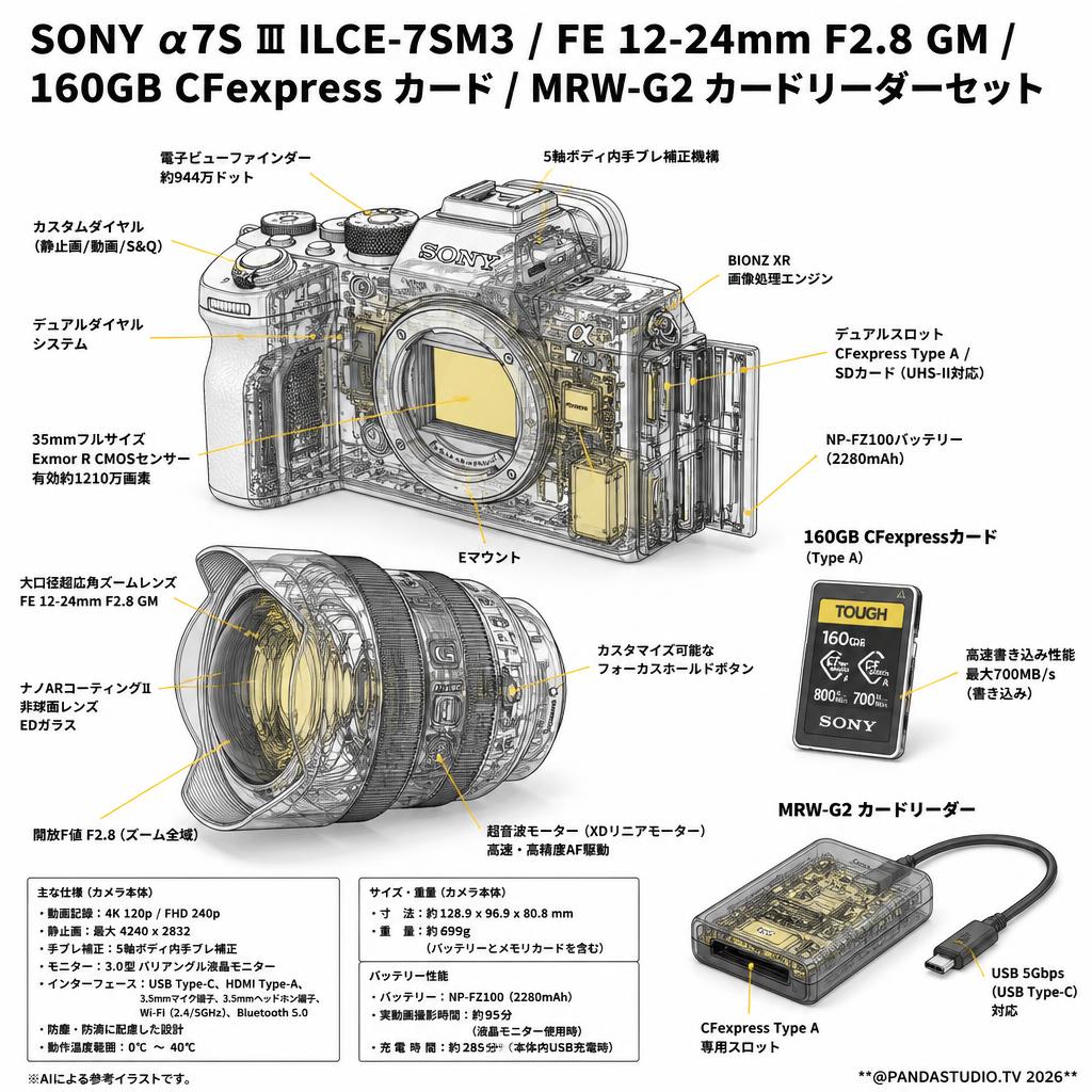 SONY α7S Ⅲ ILCE-7SM3 / FE 12-24mm F2.8 GM / 160GB CFexpress カード / MRW-G2 カードリーダーセット スペック