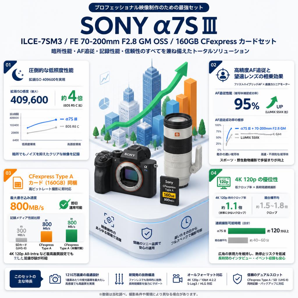 SONY α7S Ⅲ ILCE-7SM3 / FE 70-200mm F2.8 GM OSS /160GB CFexpress カードセット セールスポイント