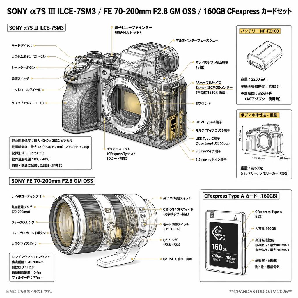 SONY α7S Ⅲ ILCE-7SM3 / FE 70-200mm F2.8 GM OSS /160GB CFexpress カードセット スペック