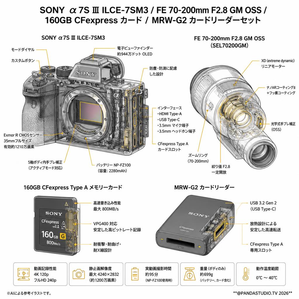 SONY α7S Ⅲ ILCE-7SM3 / FE 70-200mm F2.8 GM OSS / 160GB CFexpress カード / MRW-G2 カードリーダーセット スペック