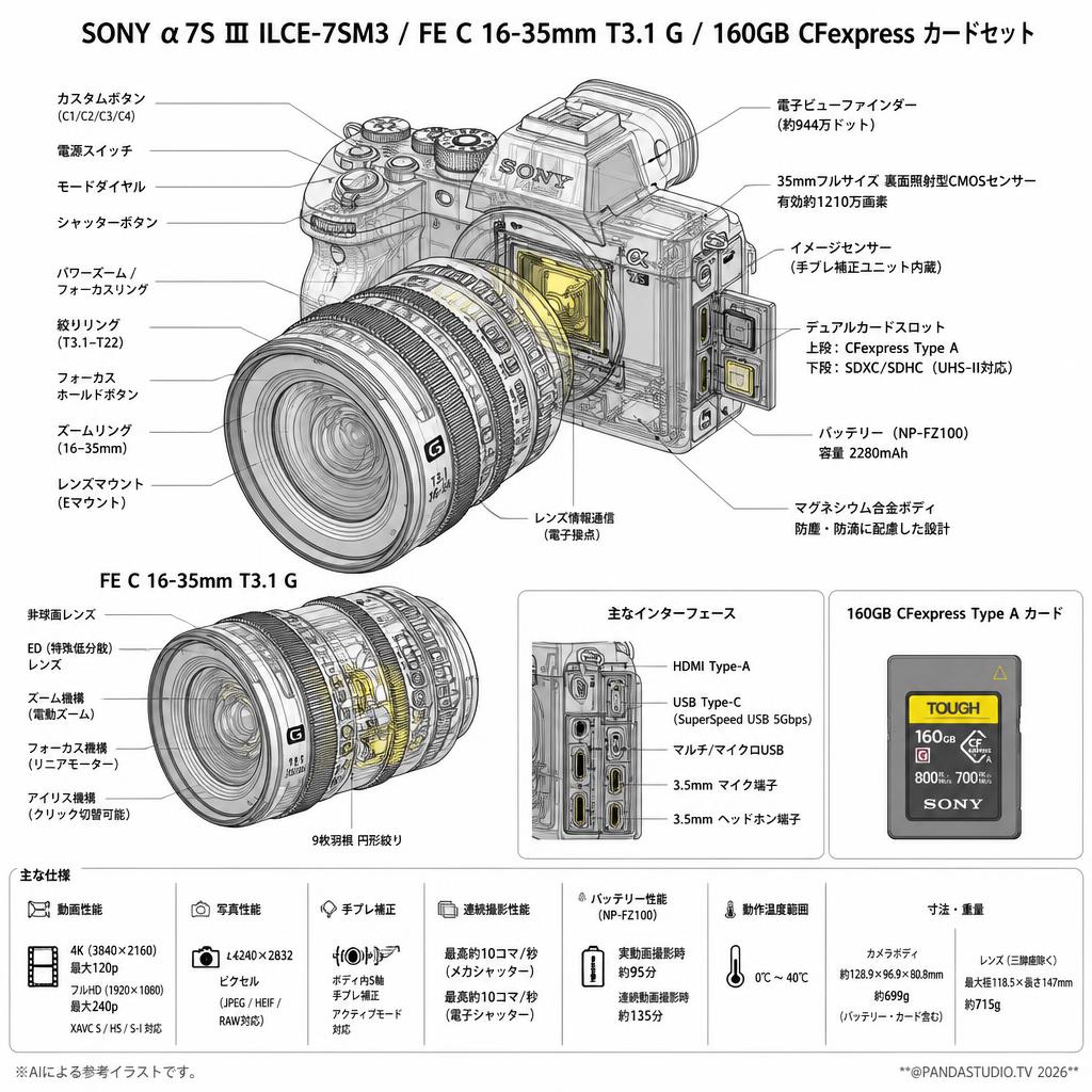 SONY α7S Ⅲ ILCE-7SM3 / FE C 16-35mm T3.1 G / 160GB CFexpress カードセット スペック
