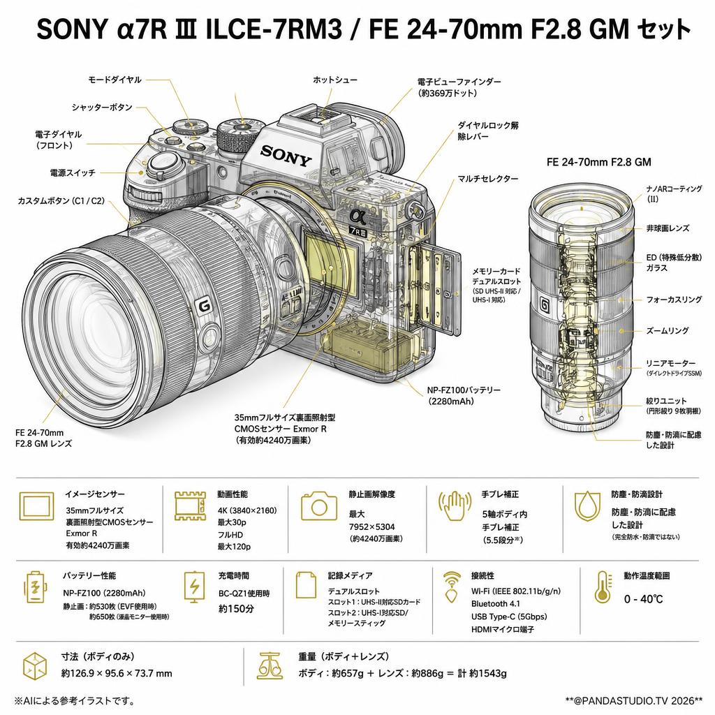 SONY α7R III ILCE-7RM3 / FE 24-70mm F2.8 GM セット スペック