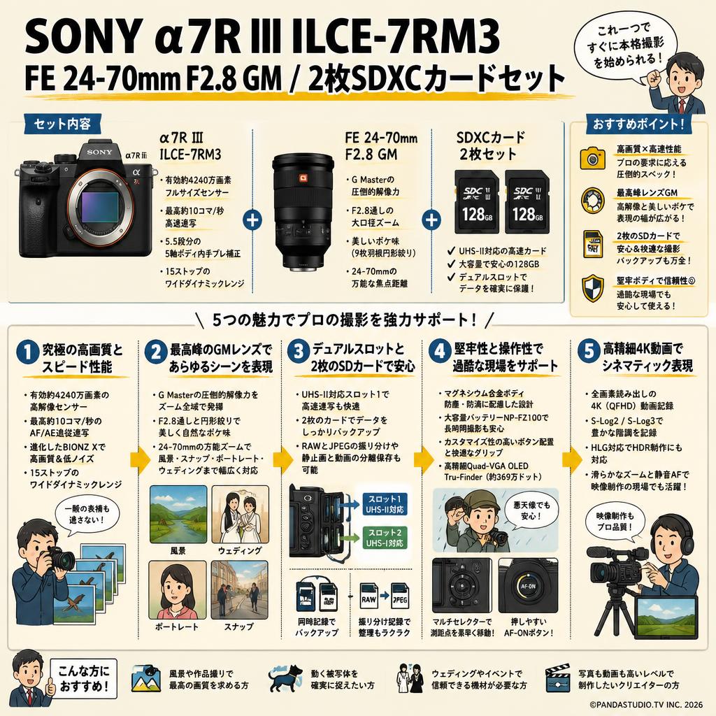 SONY α7R III ILCE-7RM3 / FE 24-70mm F2.8 GM / 2枚SDXC カードセット 概要