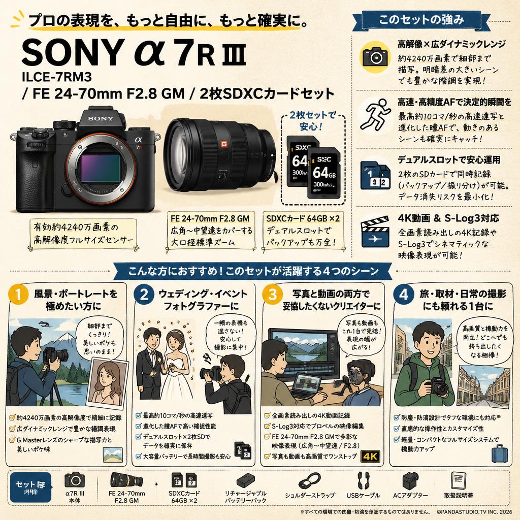 SONY α7R III ILCE-7RM3 / FE 24-70mm F2.8 GM / 2枚SDXC カードセット おもな対象のお客様