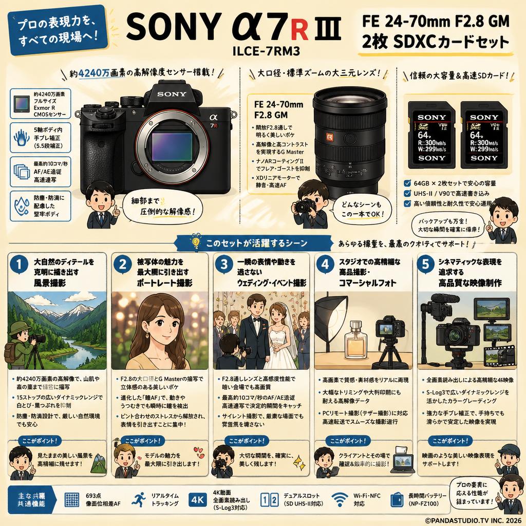 SONY α7R III ILCE-7RM3 / FE 24-70mm F2.8 GM / 2枚SDXC カードセット 用途