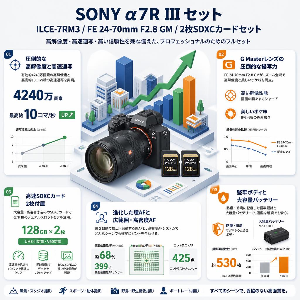 SONY α7R III ILCE-7RM3 / FE 24-70mm F2.8 GM / 2枚SDXC カードセット セールスポイント