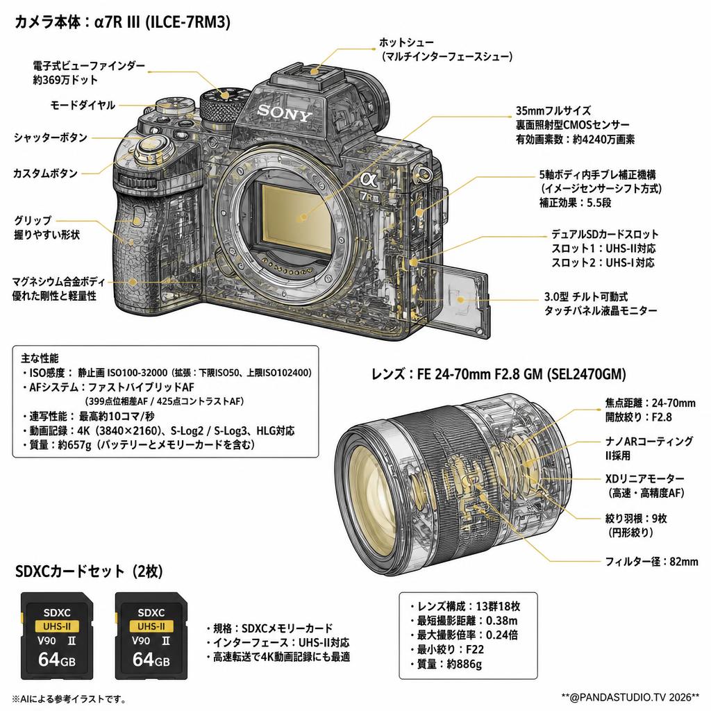 SONY α7R III ILCE-7RM3 / FE 24-70mm F2.8 GM / 2枚SDXC カードセット スペック