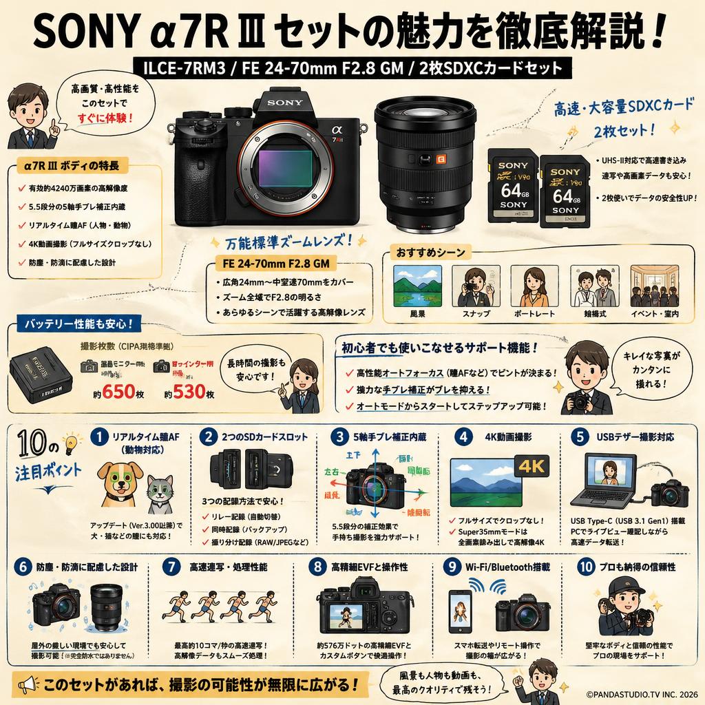 SONY α7R III ILCE-7RM3 / FE 24-70mm F2.8 GM / 2枚SDXC カードセット FAQ（よくある質問と答え）