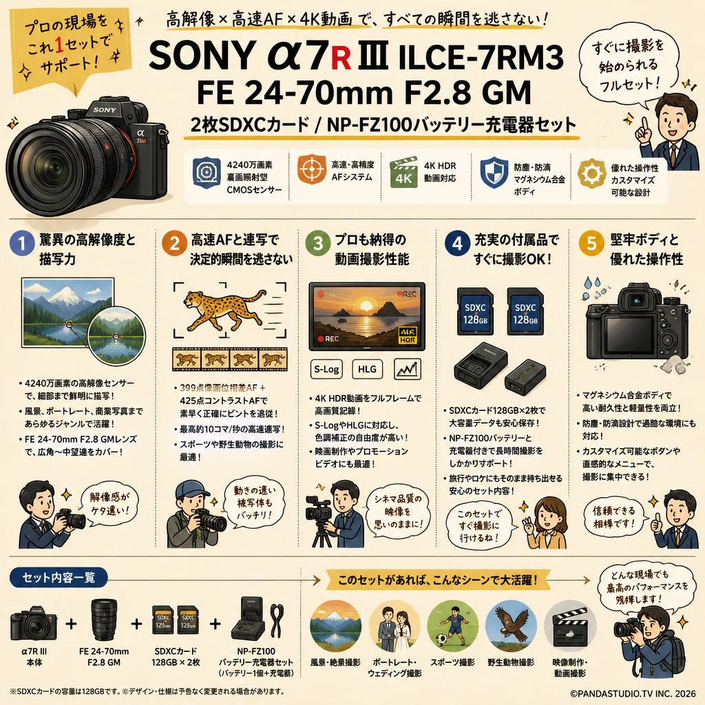SONY α7R III ILCE-7RM3 / FE 24-70mm F2.8 GM / 2枚SDXC カード / NP-FZ100バッテリー充電器セット 概要