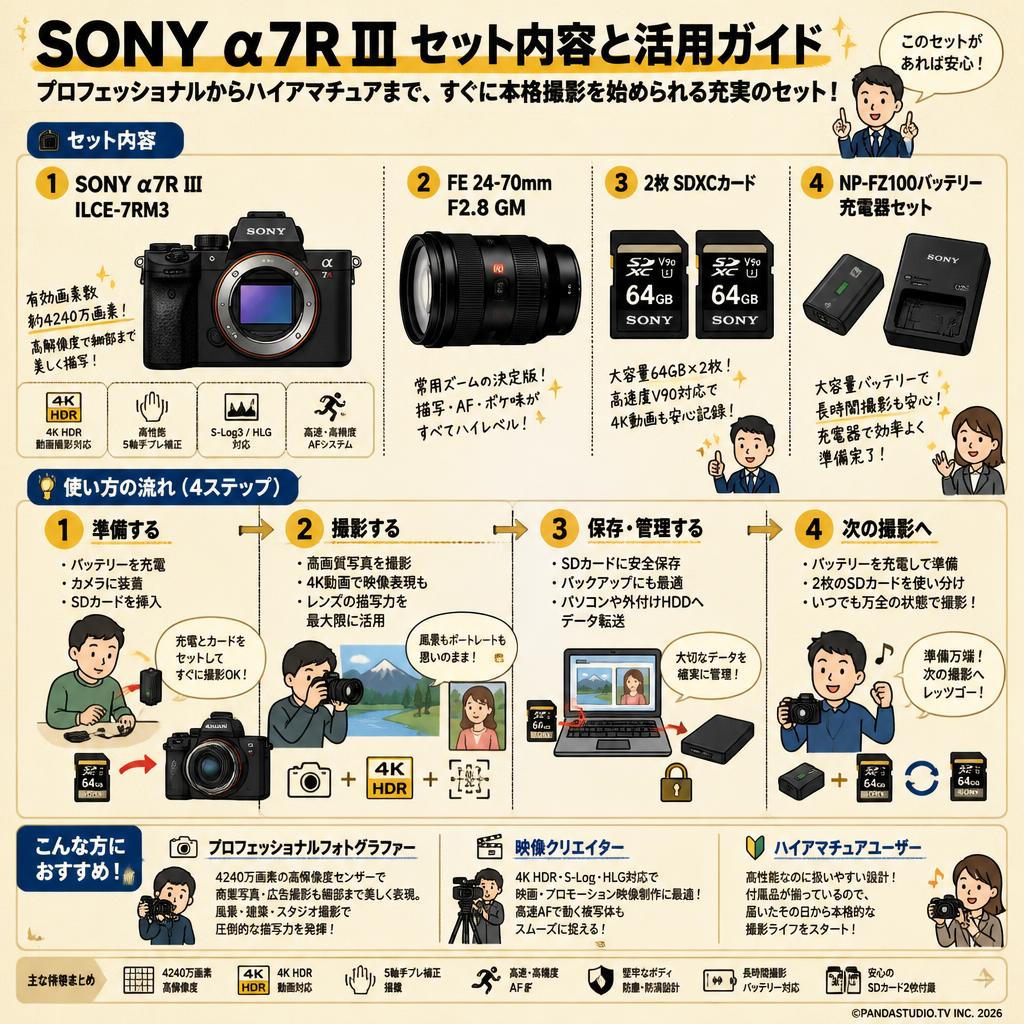 SONY α7R III ILCE-7RM3 / FE 24-70mm F2.8 GM / 2枚SDXC カード / NP-FZ100バッテリー充電器セット おもな対象のお客様