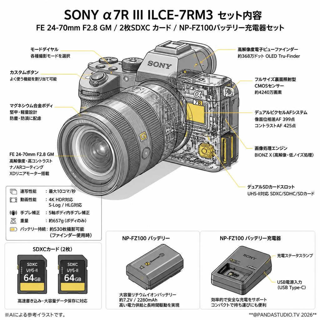 SONY α7R III ILCE-7RM3 / FE 24-70mm F2.8 GM / 2枚SDXC カード / NP-FZ100バッテリー充電器セット スペック