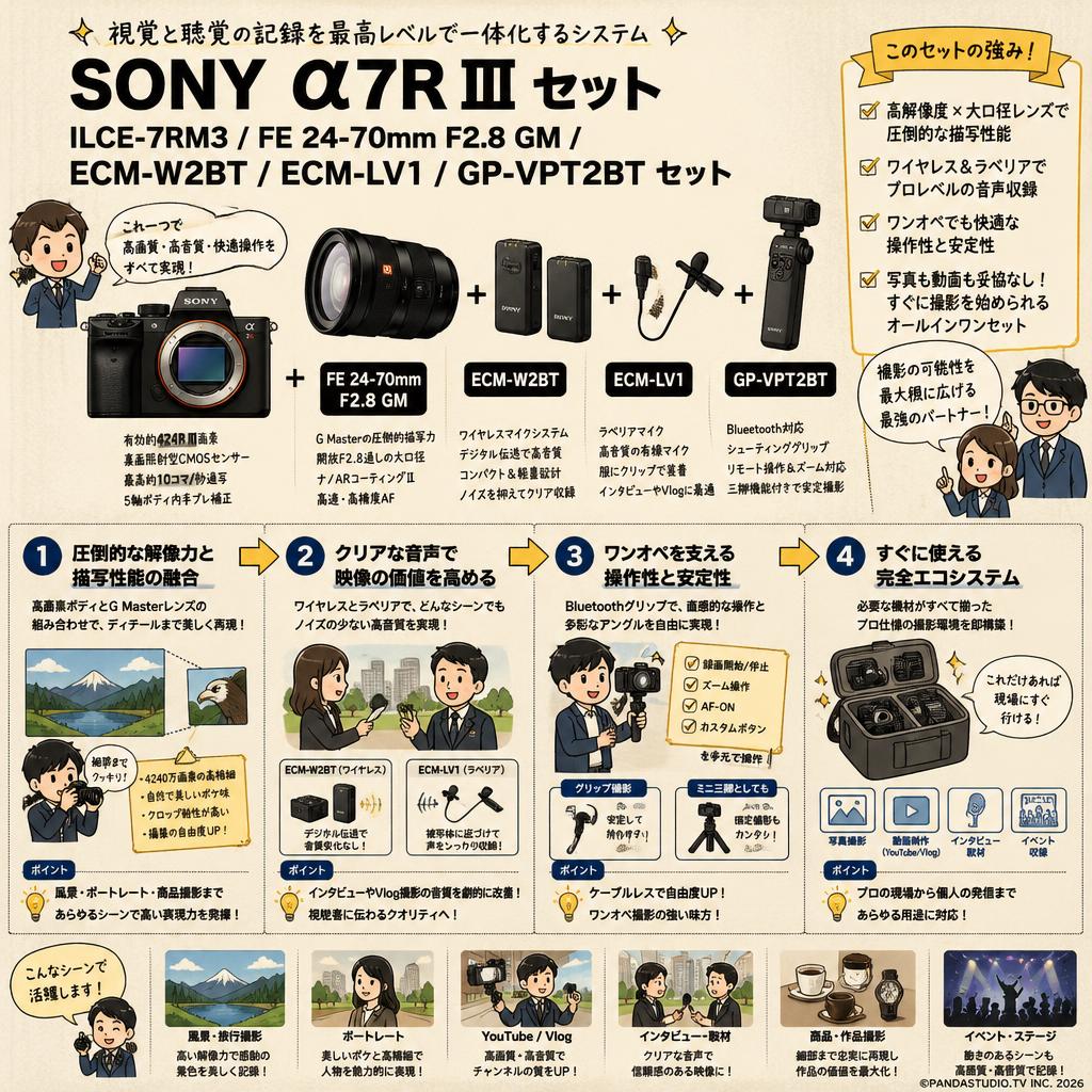SONY α7R III ILCE-7RM3 / FE 24-70mm F2.8 GM / ECM-W2BT / ECM-LV1/ GP-VPT2BTセット 概要