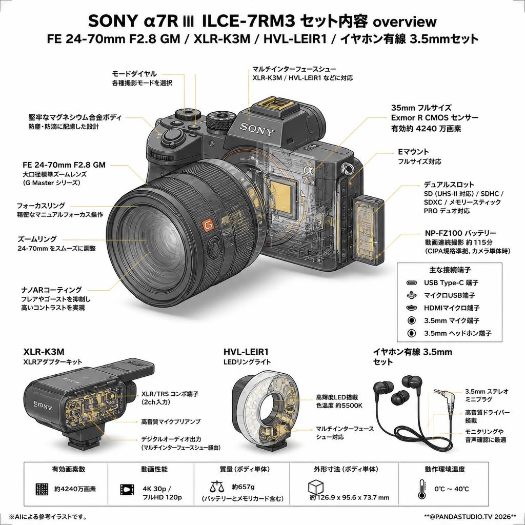 SONY α7R III ILCE-7RM3 / FE 24-70mm F2.8 GM / XLR-K3M / HVL-LEIR1 / イヤホン有線 3.5mmセット スペック