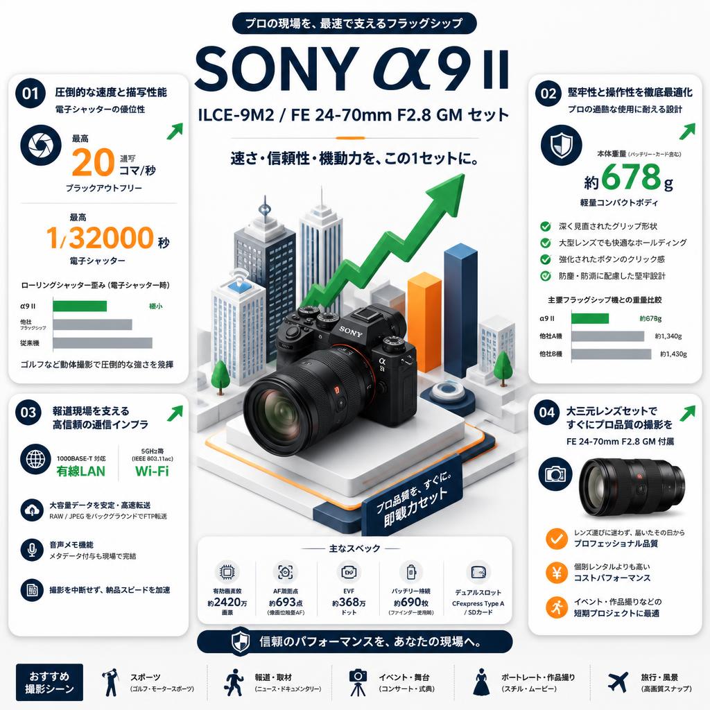 SONY α9 II ILCE-9M2 / FE 24-70mm F2.8 GM セット． セールスポイント