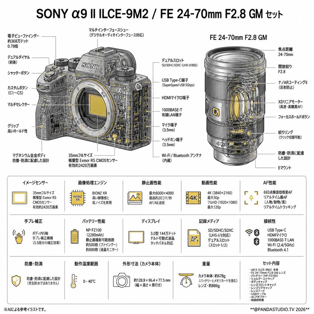 SONY α9 II ILCE-9M2 / FE 24-70mm F2.8 GM セット． スペック