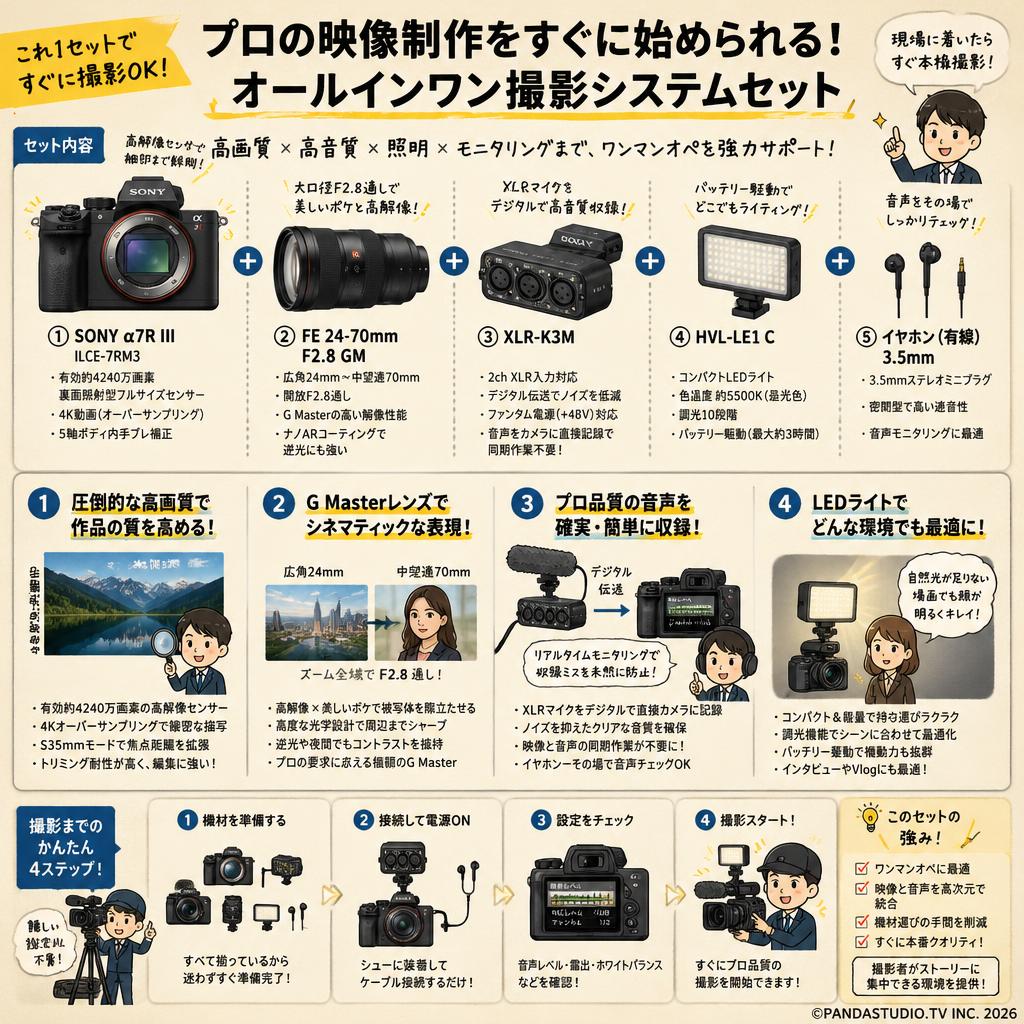 SONY α7R III ILCE-7RM3 / FE 24-70mm F2.8 GM / XLR-K3M / HVL-LE1 C / イヤホン有線 3.5mmセット 概要