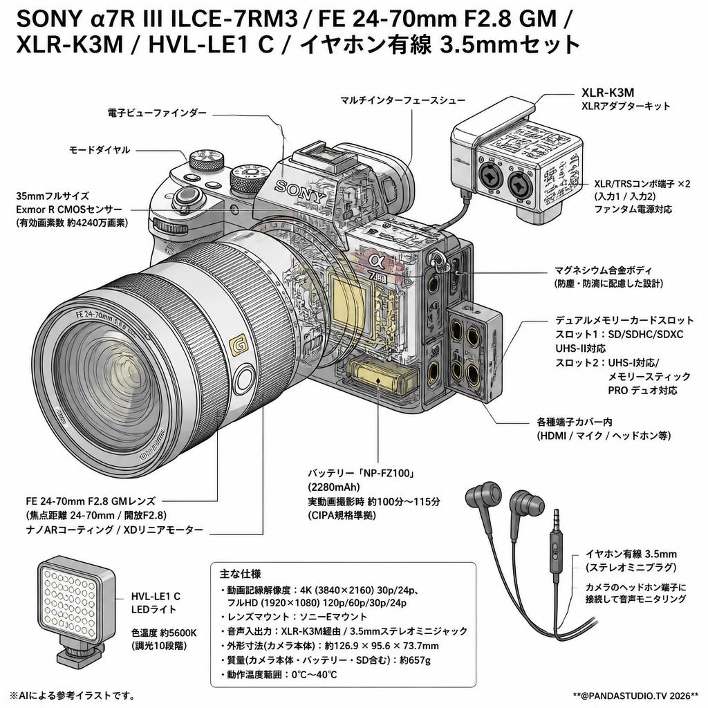 SONY α7R III ILCE-7RM3 / FE 24-70mm F2.8 GM / XLR-K3M / HVL-LE1 C / イヤホン有線 3.5mmセット スペック