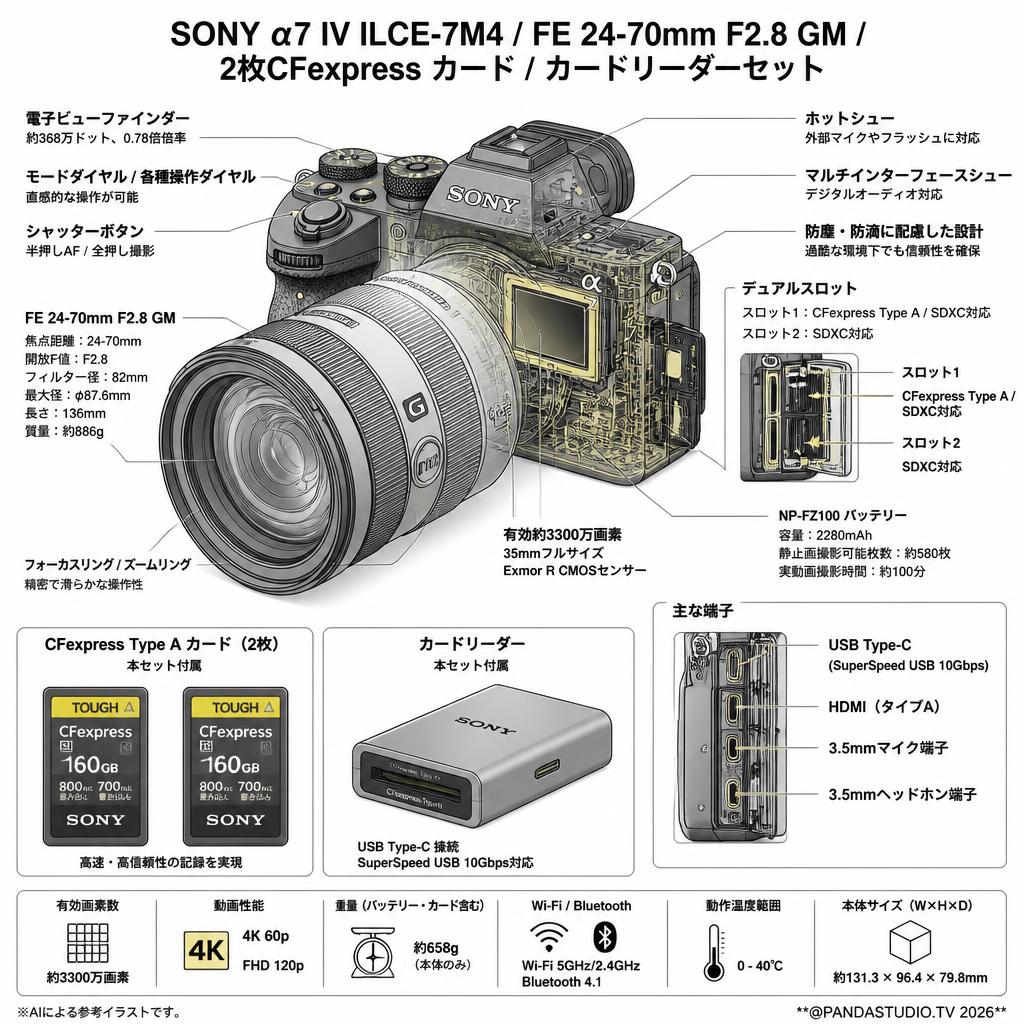 SONY α7 IV ILCE-7M4 / FE 24-70mm F2.8 GM / 2枚CFexpress カード  / カードリーダーセット スペック