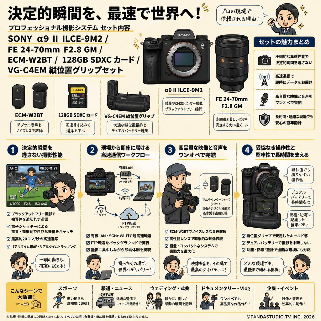 SONY α9 II ILCE-9M2 / FE 24-70mm F2.8 GM / ECM-W2BT / 128GB SDXC カード / VG-C4EM 縦位置グリップセット 概要