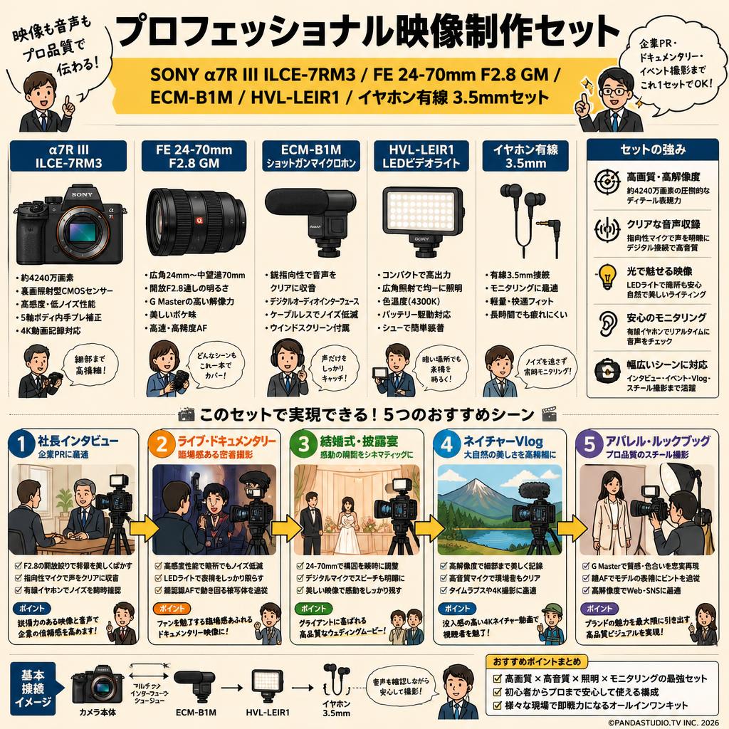 SONY α7R III ILCE-7RM3 / FE 24-70mm F2.8 GM / ECM-B1M / HVL-LEIR1 / イヤホン有線 3.5mmセット 用途