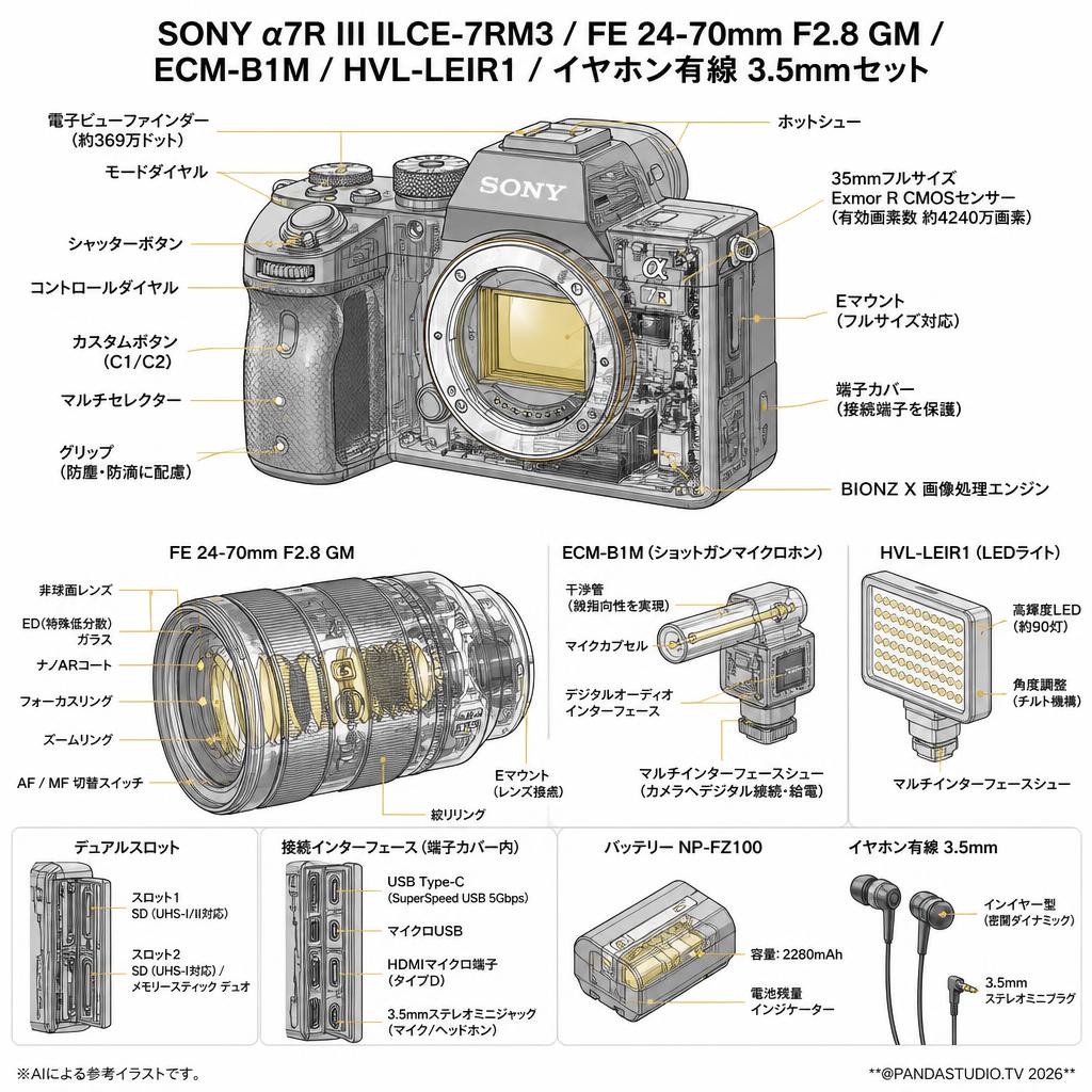 SONY α7R III ILCE-7RM3 / FE 24-70mm F2.8 GM / ECM-B1M / HVL-LEIR1 / イヤホン有線 3.5mmセット スペック