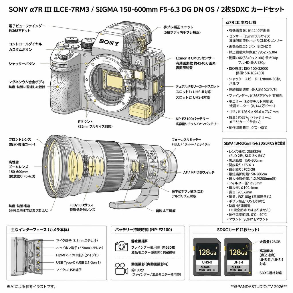 SONY α7R III ILCE-7RM3 / SIGMA 150-600mm F5-6.3 DG DN OS / 2枚SDXC カードセット スペック