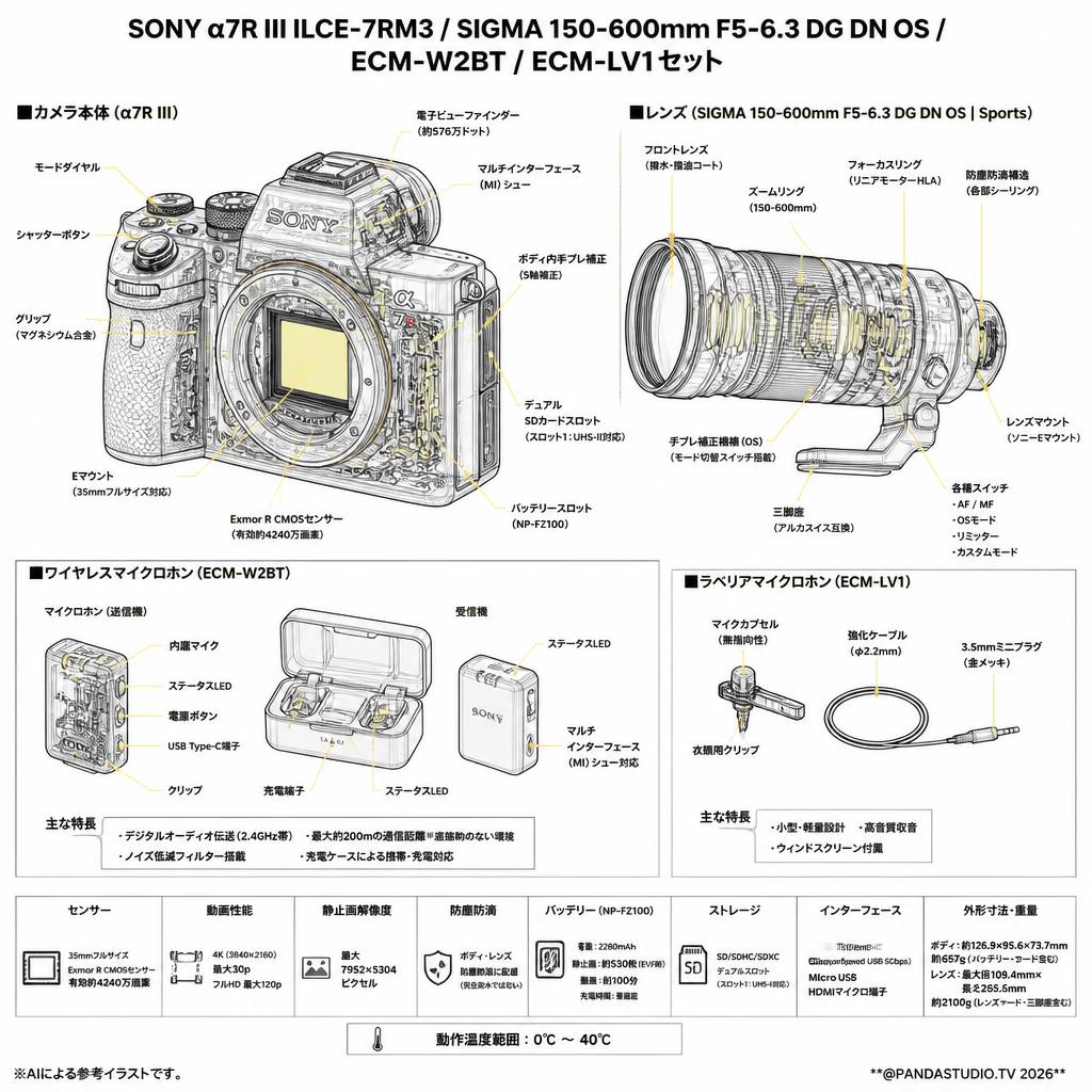 SONY α7R III ILCE-7RM3 / SIGMA 150-600mm F5-6.3 DG DN OS / ECM-W2BT / ECM-LV1セット スペック