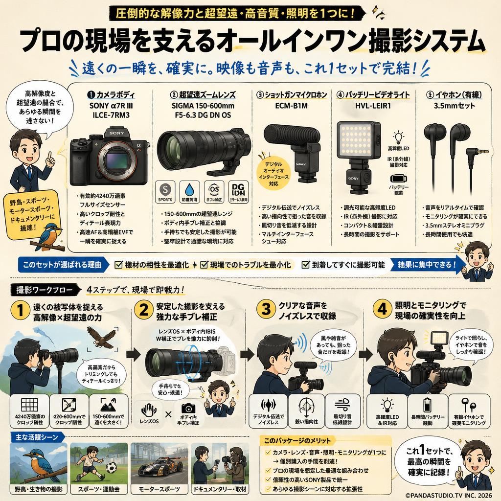 SONY α7R III ILCE-7RM3 / SIGMA 150-600mm F5-6.3 DG DN OS / ECM-B1M / HVL-LEIR1 / イヤホン有線 3.5mmセット 概要