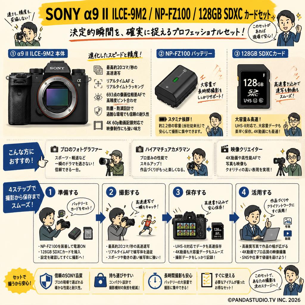 SONY α9 II ILCE-9M2 / NP-FZ100 / 128GB SDXC カードセット おもな対象のお客様