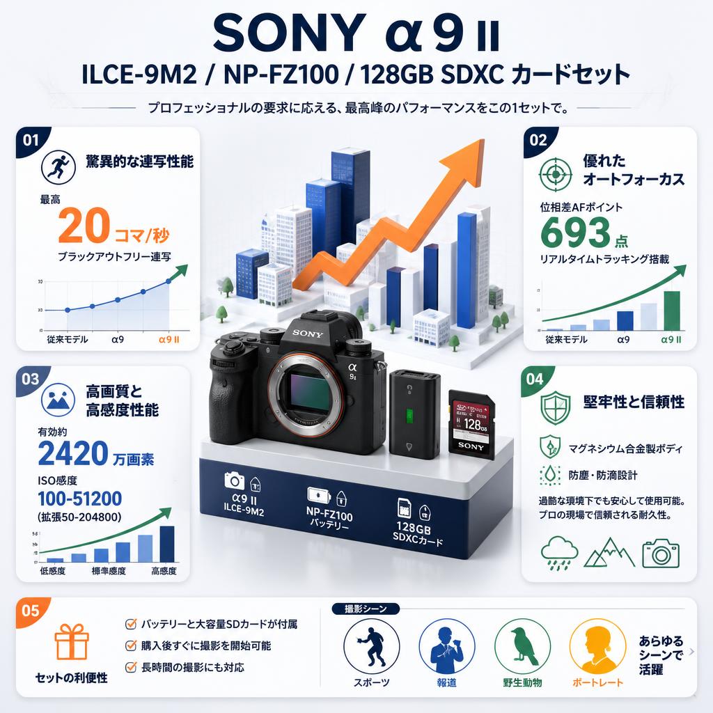 SONY α9 II ILCE-9M2 / NP-FZ100 / 128GB SDXC カードセット セールスポイント