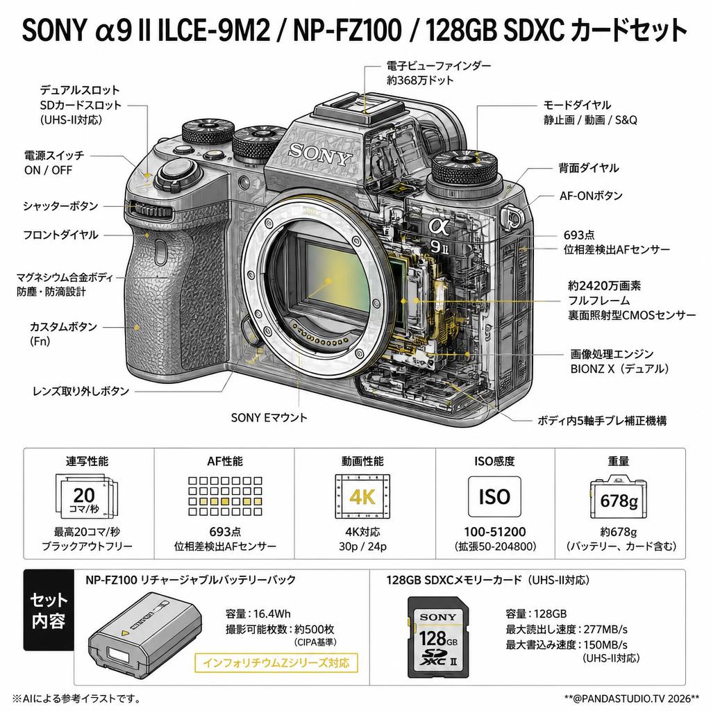 SONY α9 II ILCE-9M2 / NP-FZ100 / 128GB SDXC カードセット スペック