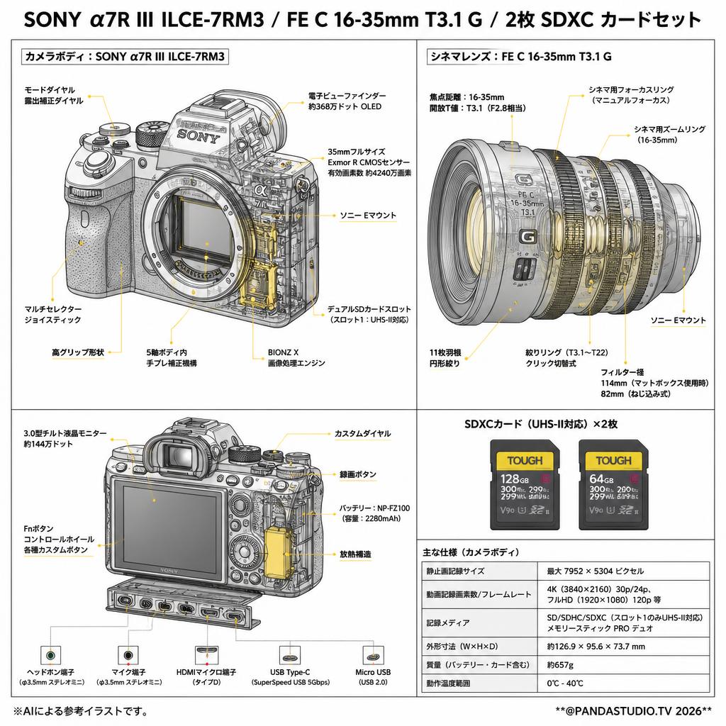 SONY α7R III ILCE-7RM3 / FE C 16-35mm T3.1 G /  2枚 SDXC カードセット スペック