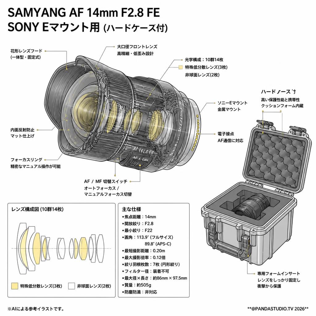 SAMYANG AF 14mm F2.8 FE SONY Eマウント用(ハードケ－ス付) スペック