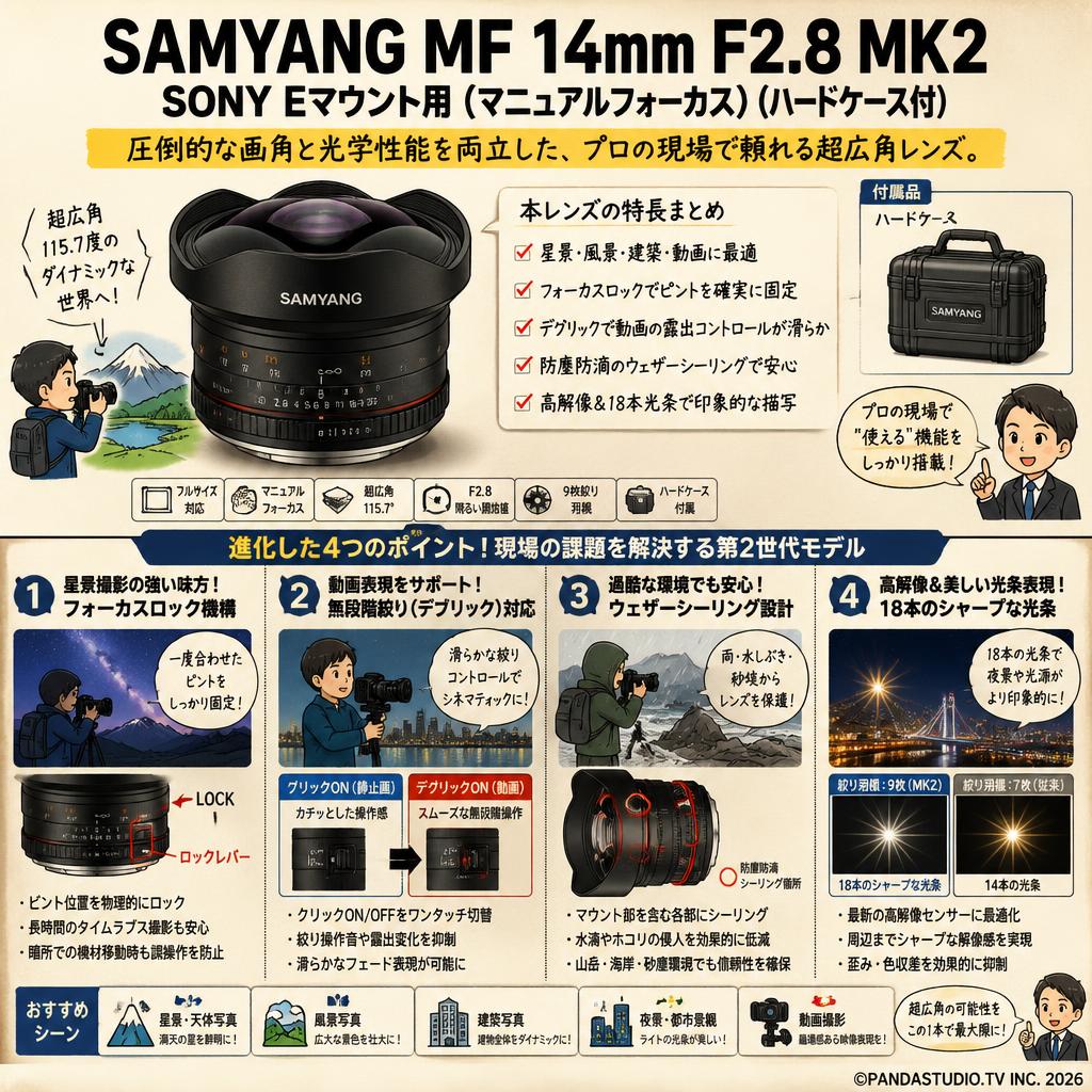 SAMYANG MF 14mm F2.8 MK2 SONY Eマウント用（マニュアルフォーカス）(ハードケ－ス付) 概要